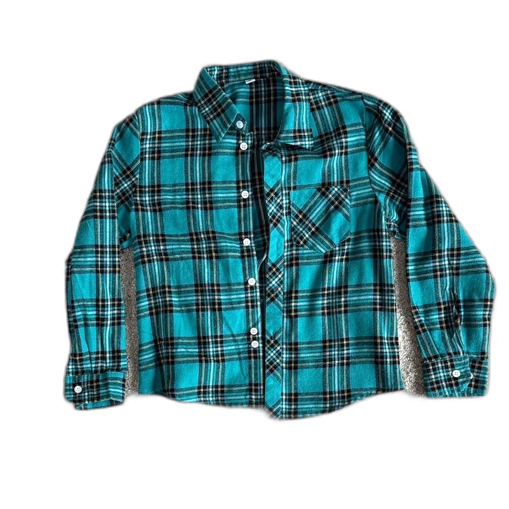 Girls Size 7 Teal Black Plaid Soft Flannel Button Down Shirt Top Fall Winter